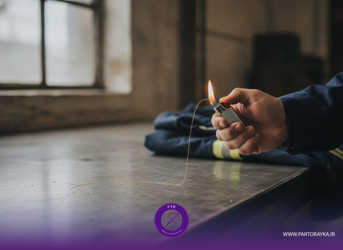 تست سوختن پارچه ضدحریق تقلبی با فندک و تشکیل گویچه مذاب در برابر نمونه استاندارد