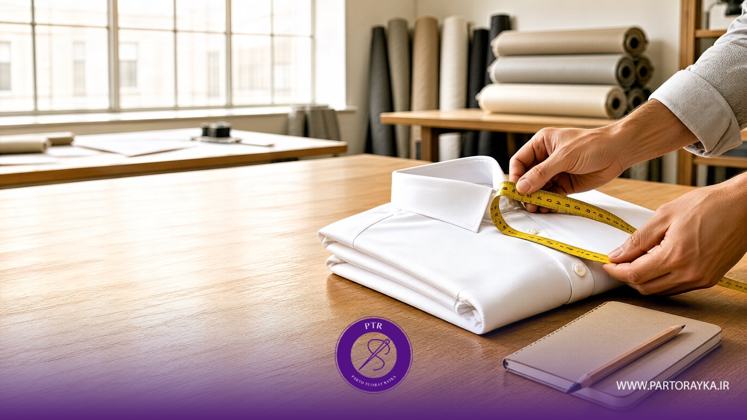 ابزارهای اندازهگیری سایز پیراهن اداری شامل متر خیاطی، کاغذ و مداد روی میز کار